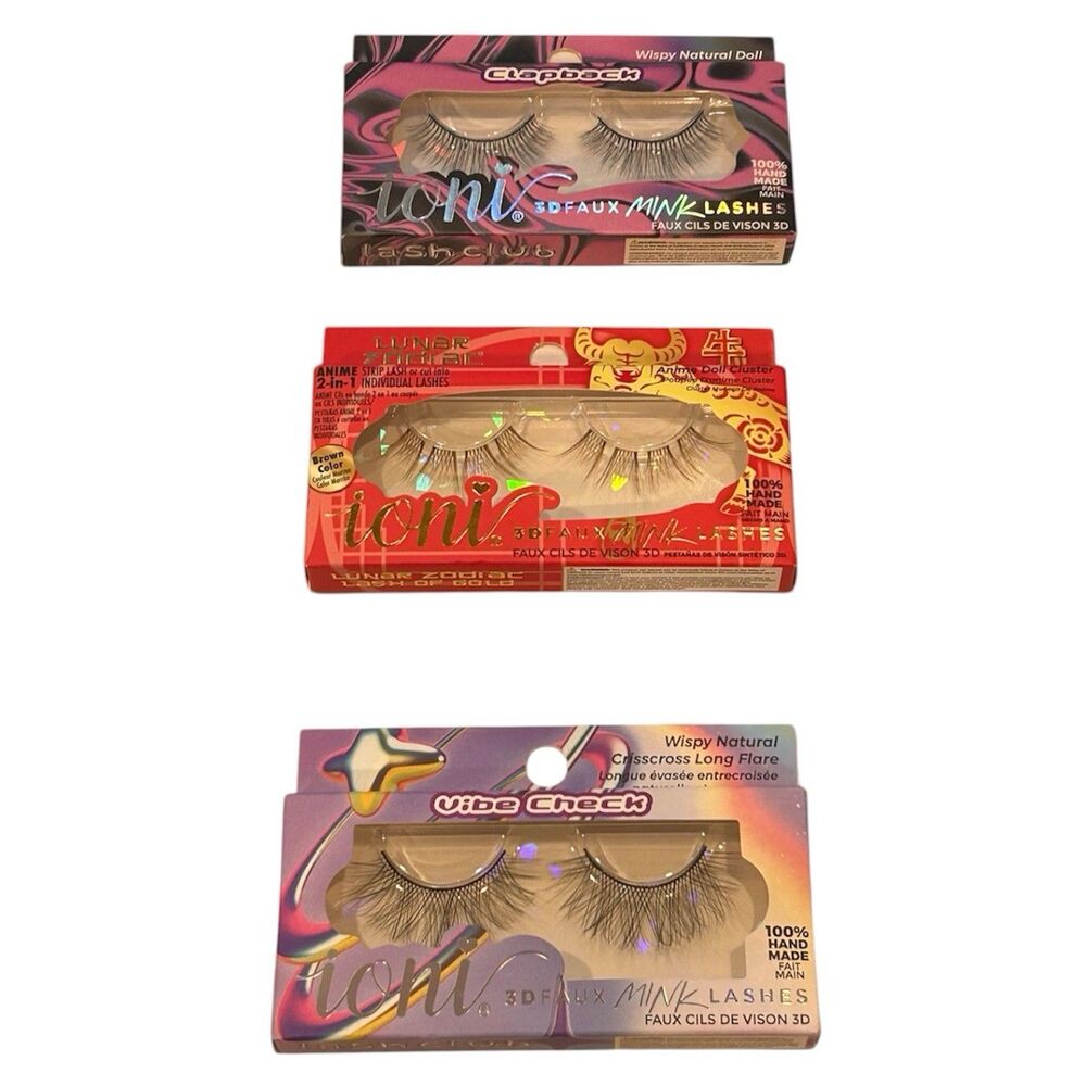 3x Ioni 3D Faux Mink False Lashes Wispy Natural Doll, (Niu)Ox, Wispy Natural
